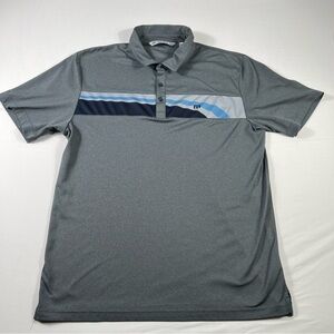 Travis Mathew Charcoal Polo with Navy and Light Blue Stripes